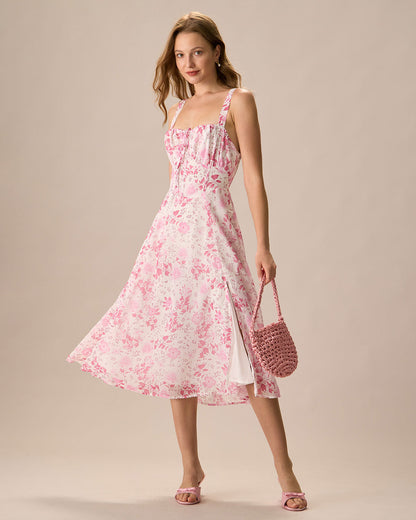 Pink Midi Dress with Square Neck, Floral Pattern, and Ruffles