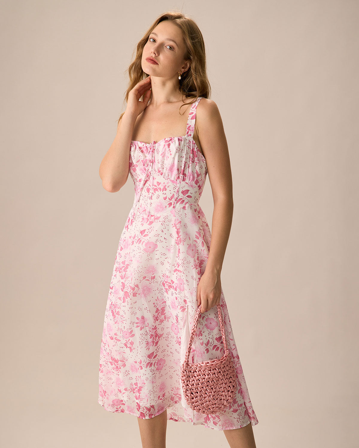 Pink Midi Dress with Square Neck, Floral Pattern, and Ruffles