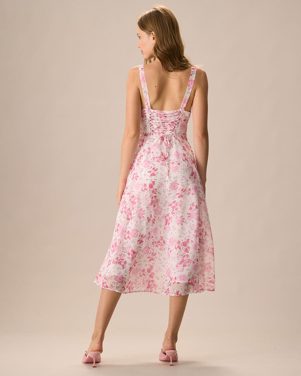 Pink Midi Dress with Square Neck, Floral Pattern, and Ruffles