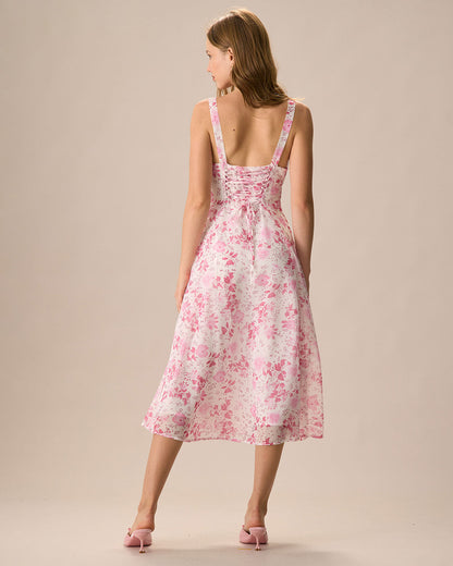 Pink Midi Dress with Square Neck, Floral Pattern, and Ruffles