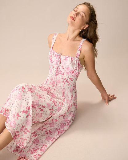 Pink Midi Dress with Square Neck, Floral Pattern, and Ruffles