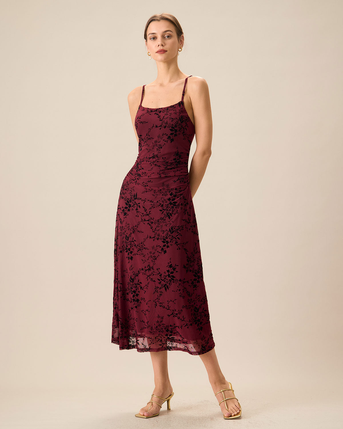 Red Floral Pattern Bodycon Slip Midi Dress