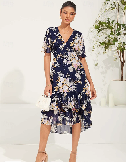 Damen Midikleid Chiffonkleid Elegant Ausgestelltes Ärmel Urlaub Tägliches Date Regelmäßige Passform Floral Kurzarm V-Ausschnitt Dunkelblau Sommer
