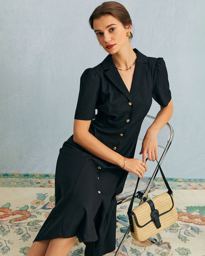 Black V-Neck Button Puff Sleeve Midi Dress