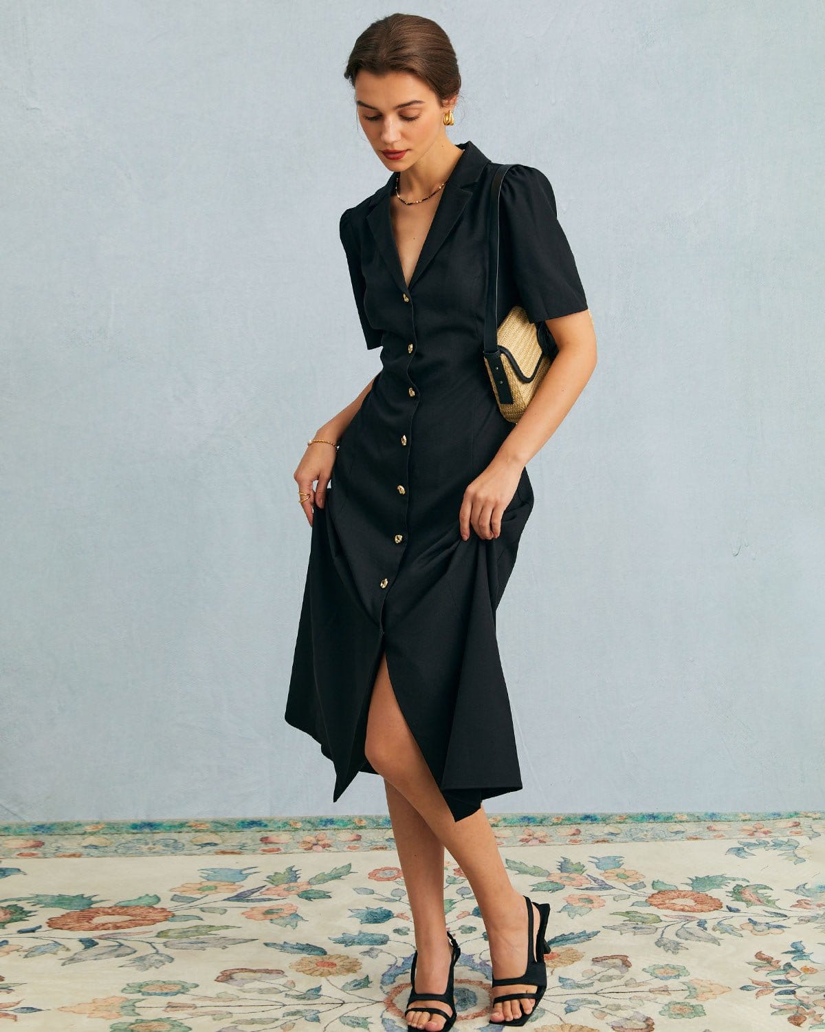 Black V-Neck Button Puff Sleeve Midi Dress