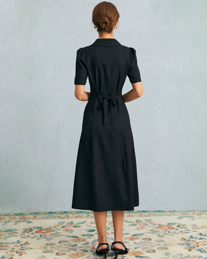 Black V-Neck Button Puff Sleeve Midi Dress