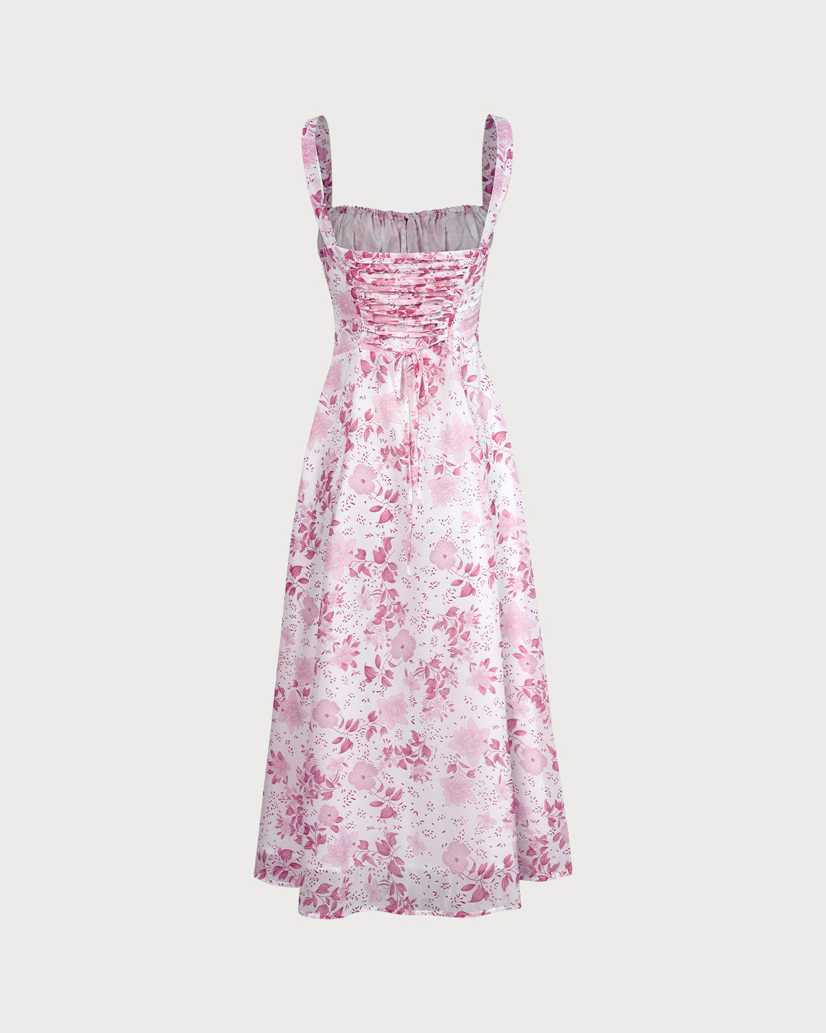 Pink Midi Dress with Square Neck, Floral Pattern, and Ruffles