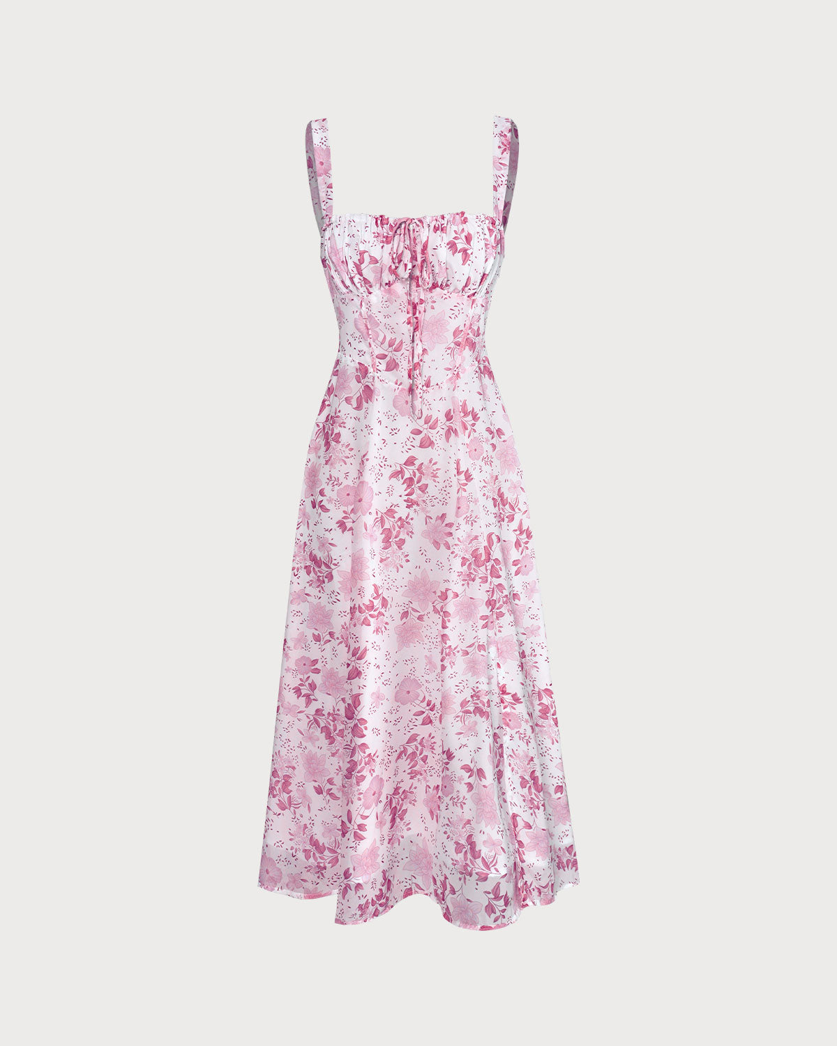 Pink Midi Dress with Square Neck, Floral Pattern, and Ruffles