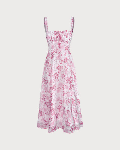 Pink Midi Dress with Square Neck, Floral Pattern, and Ruffles